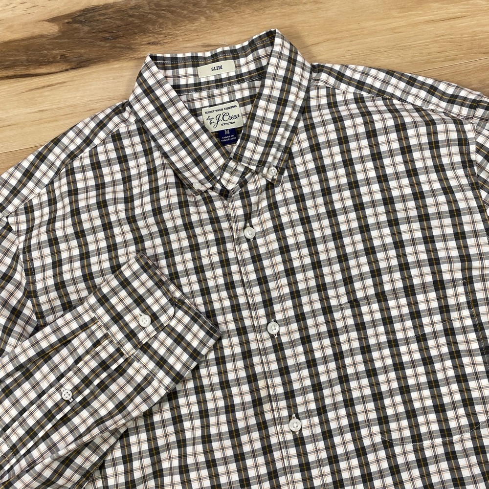 J.Crew Button Down Men Medium Slim Plaid Stretch Cotton Secret Wash Olive Yellow